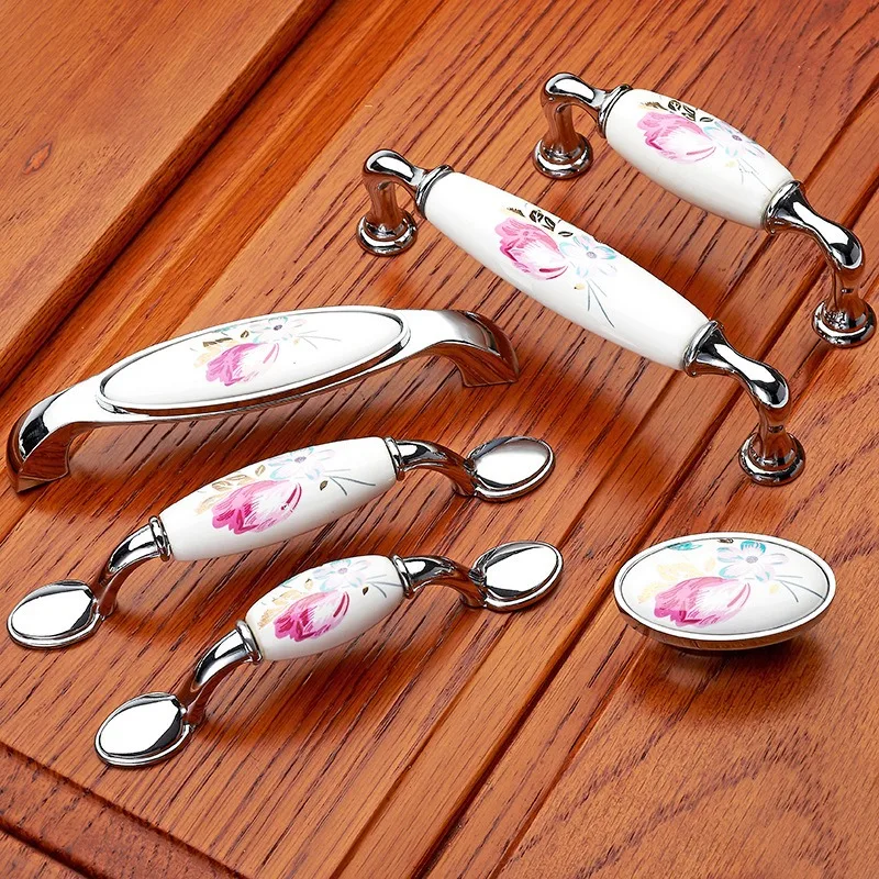 Vintage Furniture Hardware Pulls - Lale Seramik Kapı Kolu Gümüş Çekmece